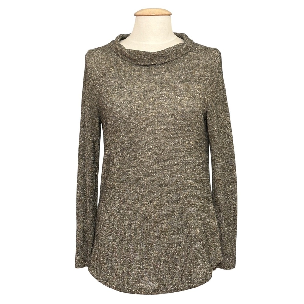 Talbots Women Top M Metallic Gold Silver Shimmer Roll Neck Tunic Sweater Sparkle